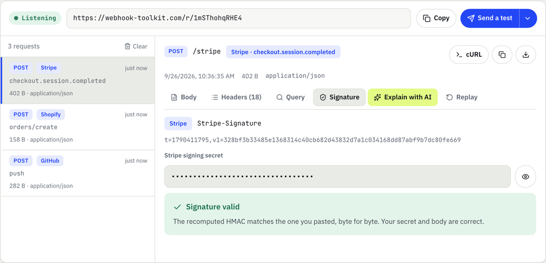 The real inspector: a Stripe delivery with its signature checked